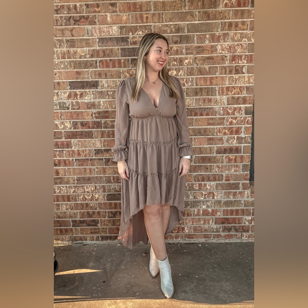 Khaki tiered ruffle high/low dress